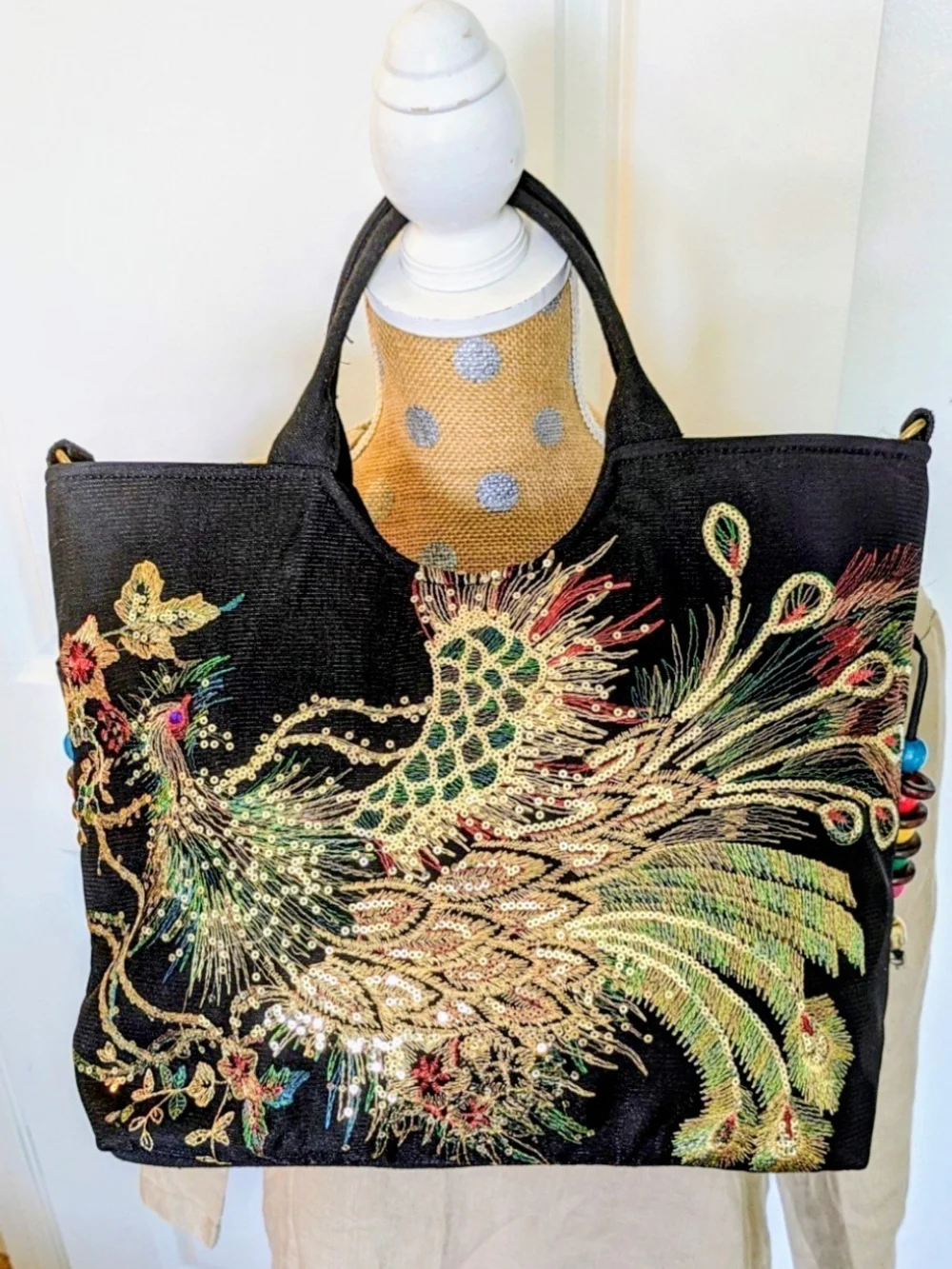 Black Embroidered Peacock Tote Bag